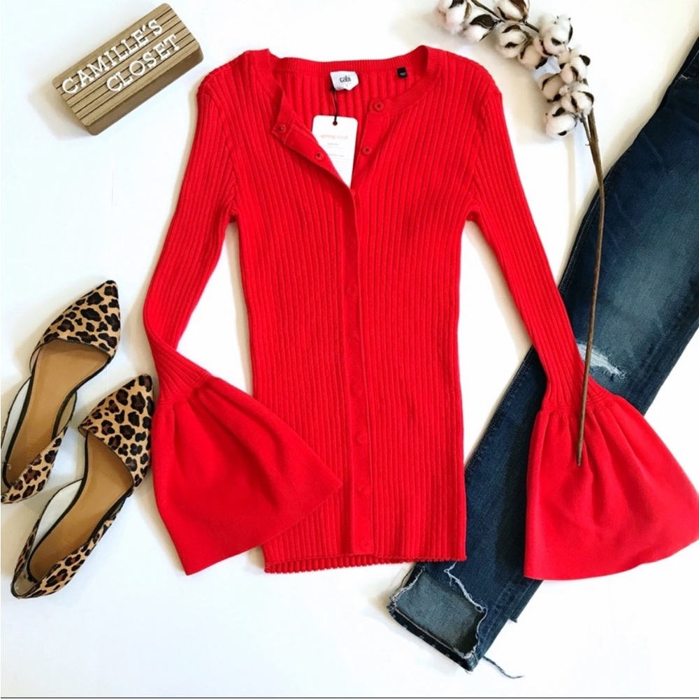 CABI Hibiscus Red Trumpet Bell Sleeve Ribbed Cardigan size S